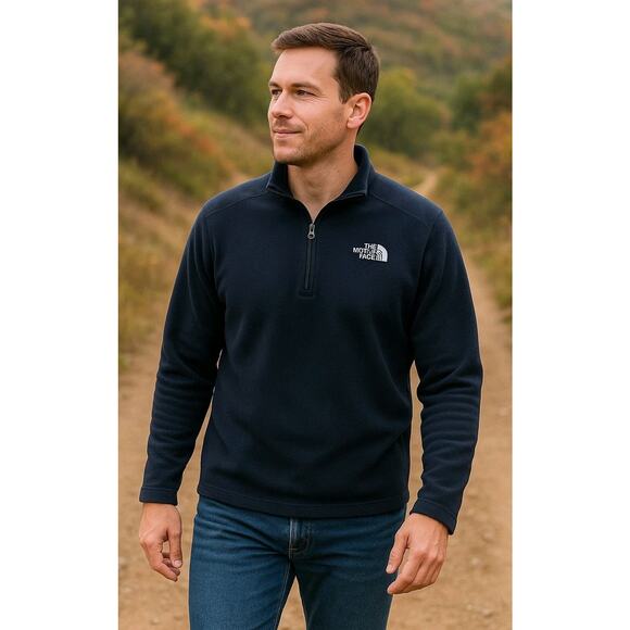 The North Face Men’s Large 1/4 Zip Textured Pullover Navy Blue Polyester Warm - Picture 1 of 10